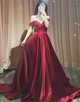 Picture of Dark Red Color Satin Long Prom Dress, A-line Sweetheart Evening Dresses Formal Gown